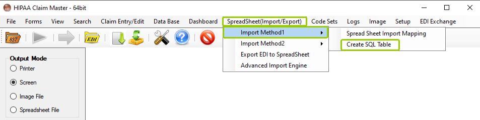 The "Create SQL Table" option from the "Import Method 1" sub-menu is under the "SpreadSheet(Import/Export)" tab.