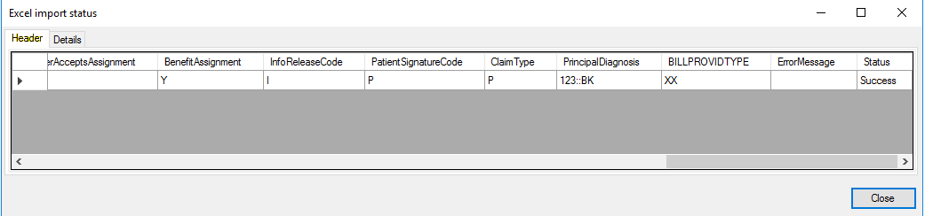 The "Excel Import Status" window is displaying the "Header" tab.