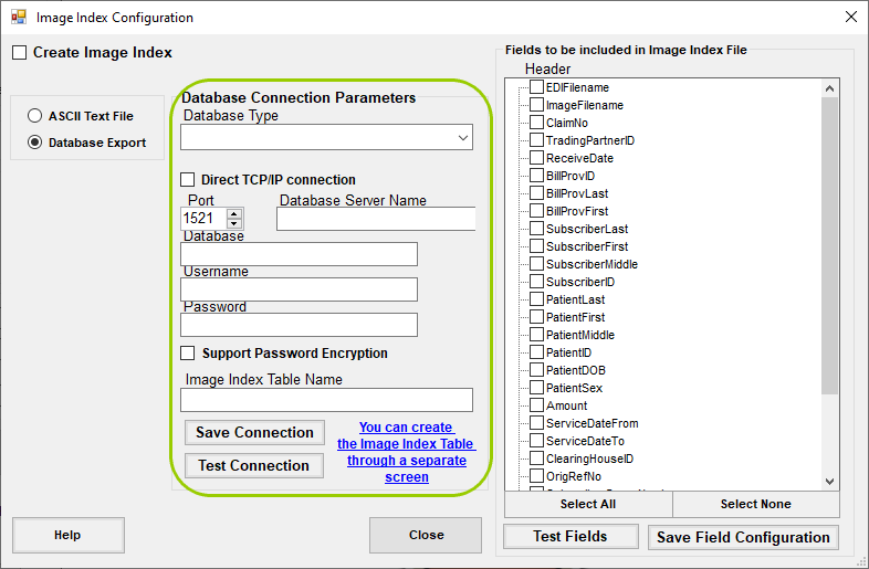 The "Database Connection Parameters" box will appear if you choose "Database Import."