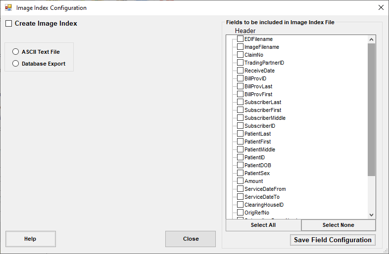 The "Image Index Configuration" window.
