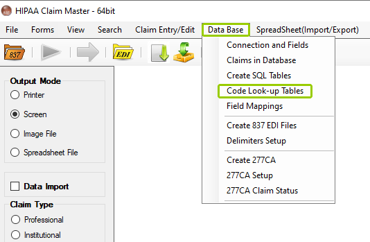 The "Code Look-up Tables" option from the "Data Base" tab.