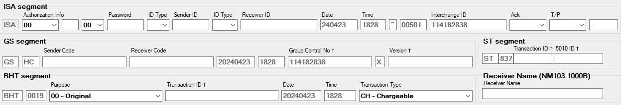 The different EDI segments available to fill out.