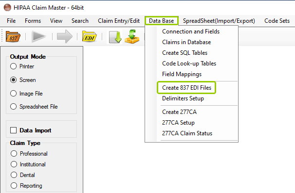 The "Create 837 EDI Files" optionis under the "Data Base" tab.