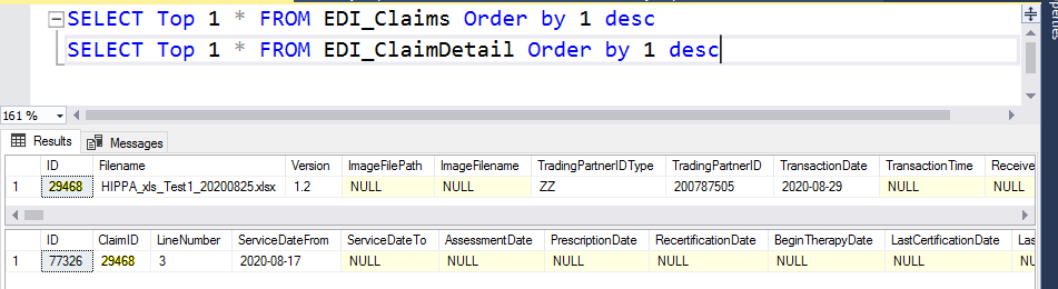 Database entries samples of imported data through command lines.