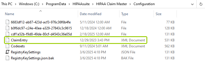 Path to the Configuration folder for theClaimEntry.xml file.