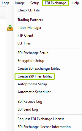 The "Create 999 Files Tables" is under the "EDI Exchange" tab.