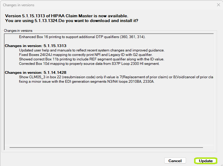 The "Changes in Versions" window.