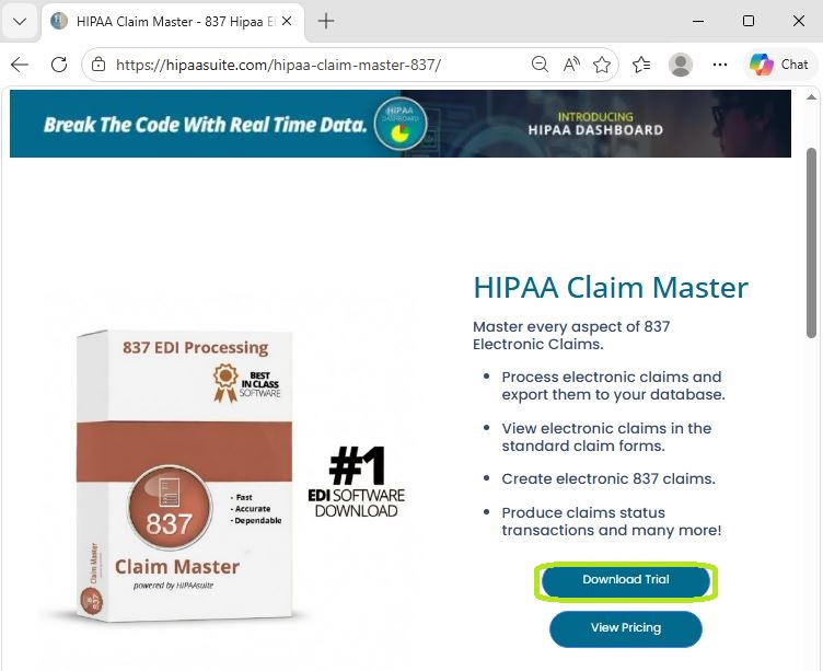  The "HIPAA Claim Master" information page.