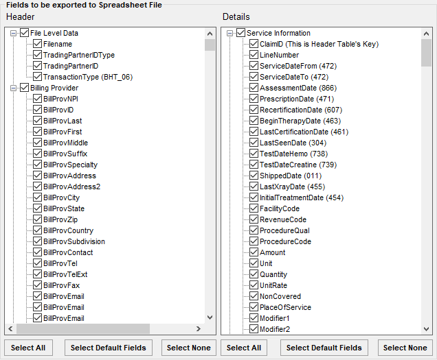 These are the fields available to select for your spreadsheets.