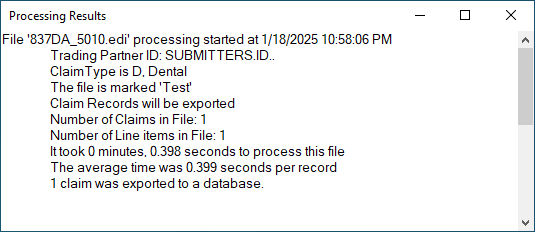The "Processing Results" window after importing to the database.