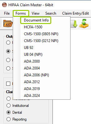 The "Document Info" option is under the "Forms" tab.
