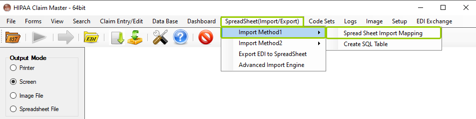 The "Spreadsheet Import Mapping" option from the "Import Method 1" sub-menu is under the "SpreadSheet(Import/Export" tab.