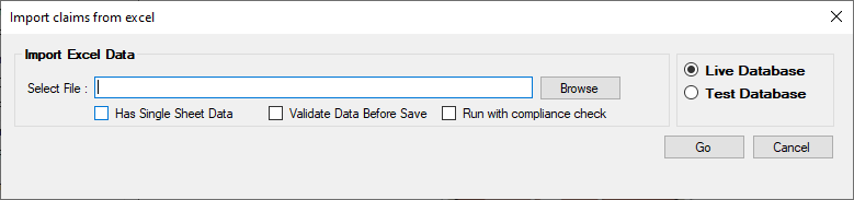 The "Import claims from excel" window.