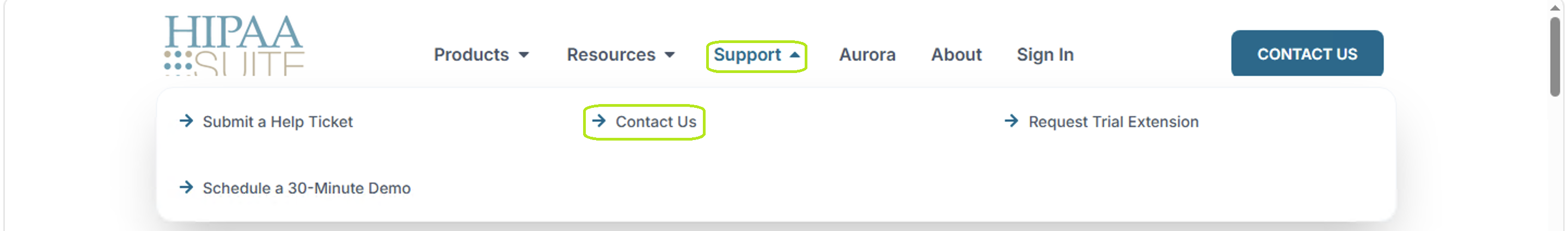 The "Contact Us" option is under the "Support" tab on the HIPAAsuite website.