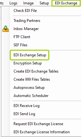 The "EDI Exchange Setup" option is under the "EDI Exchange" tab.