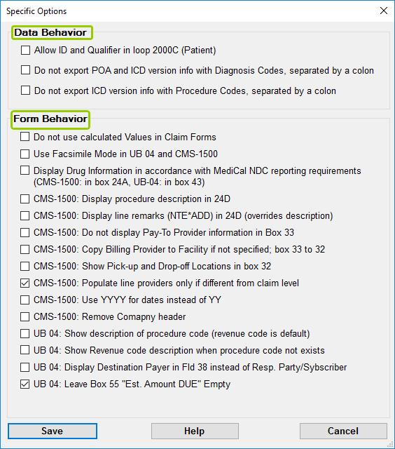 The "Specific Options" window.