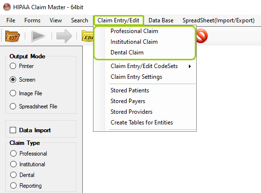 The "Claim Entry/Edit" tab is in the main menu window.