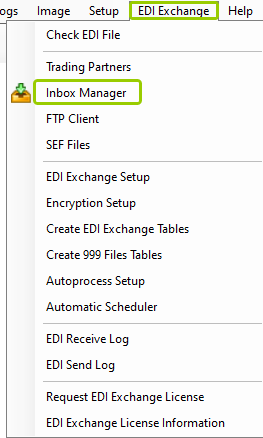 The "Inbox Manager" option is under the "EDI Exchange" tab.