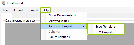 The "Generate Template" option has the "Excel Template" and CSV Template" options.