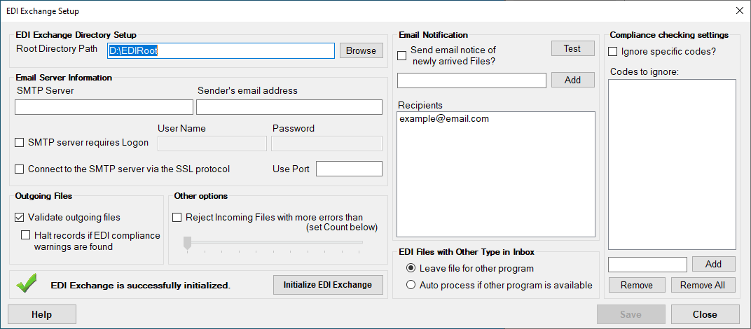 The "EDI Exchange Setup" window.