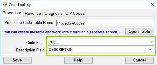 The "Code Field" and "Description Field" drop-down boxes are populated.