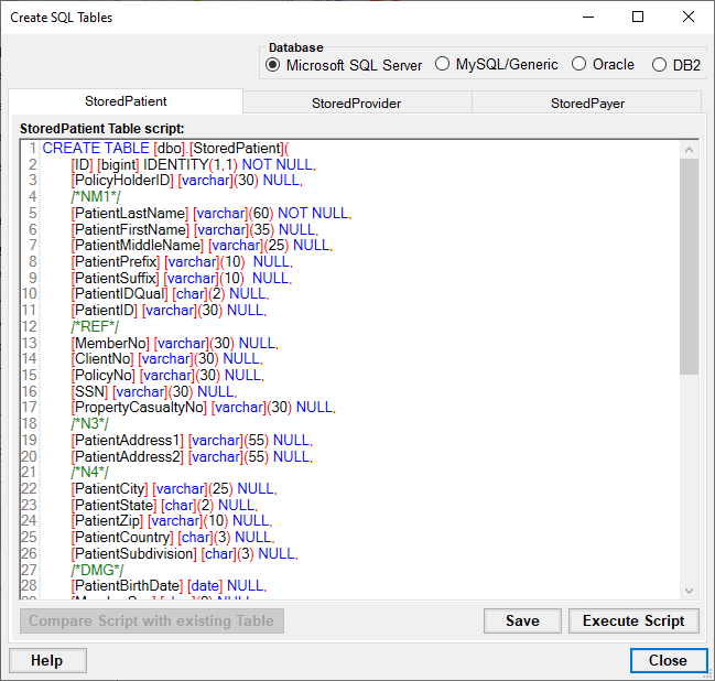 The "Create SQL Tables" window.