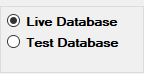 The "Live Database" and "Test Database" options.