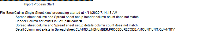 The transaction log showing the import file operation failure log.