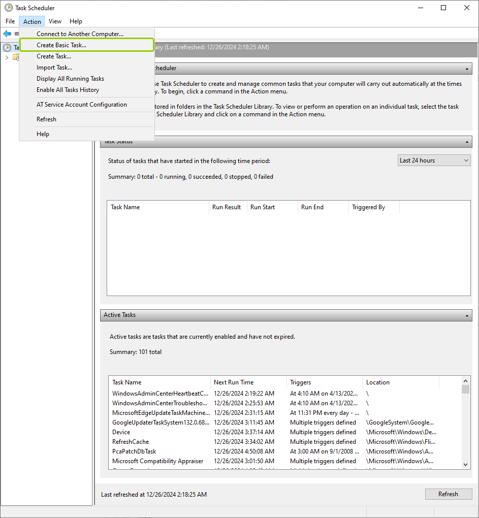 The "Create Basic Task" option is under the "Action" menu item.