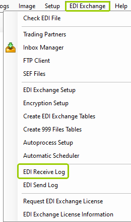 The "EDI Receive Log" option is under the "EDI Exchange" tab.