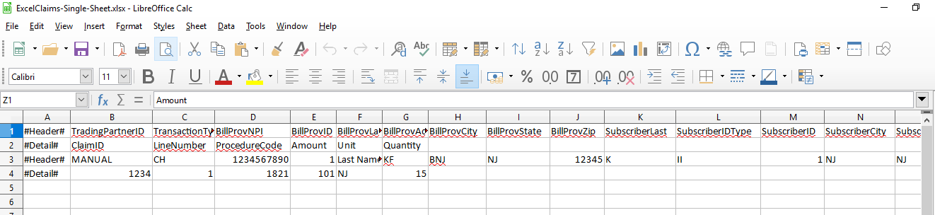 Sample of a single sheet Excel spreadsheet with both header and detail rows.