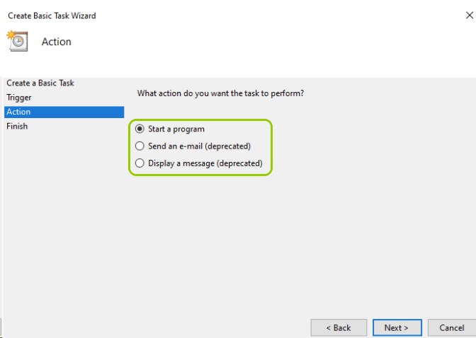 Select the first action the task will take.