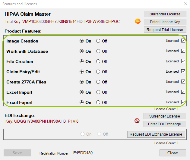The "Features and Licenses" window.