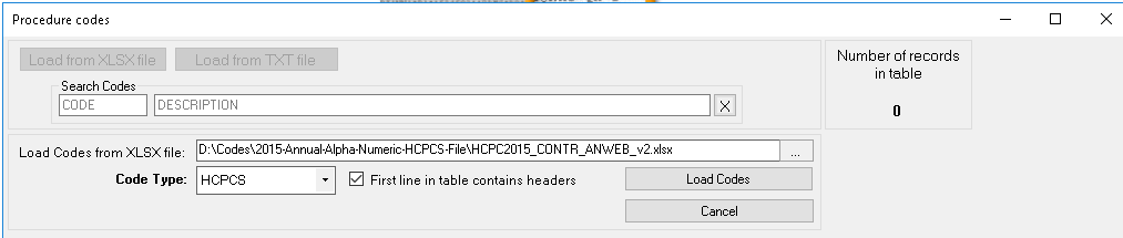 Loading a previously prepared spreadsheet with the HCPCS codes.