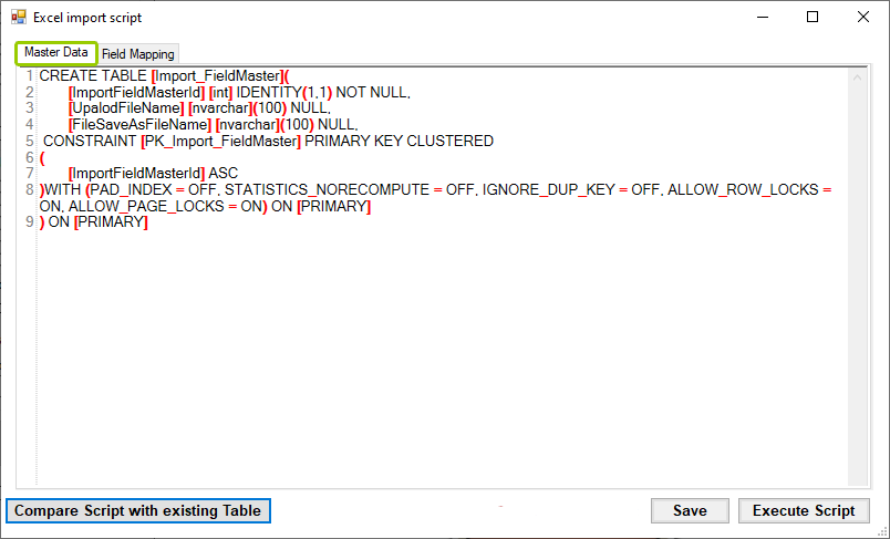 The "Master Data" tab is in the "Excel import script" window.
