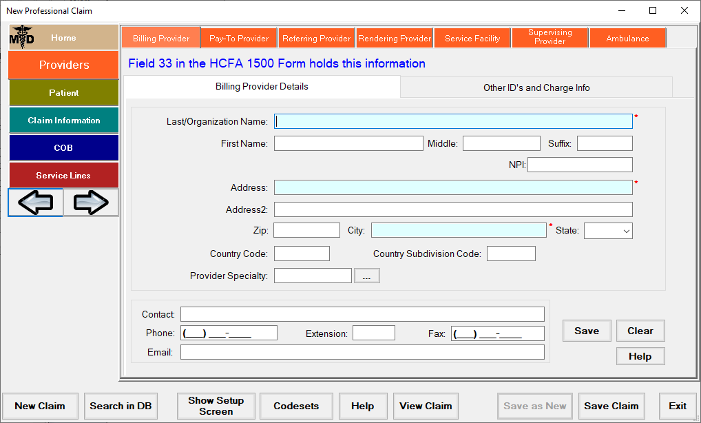 The "New Professional Claim" window after clicking on the "Providers" data group button.