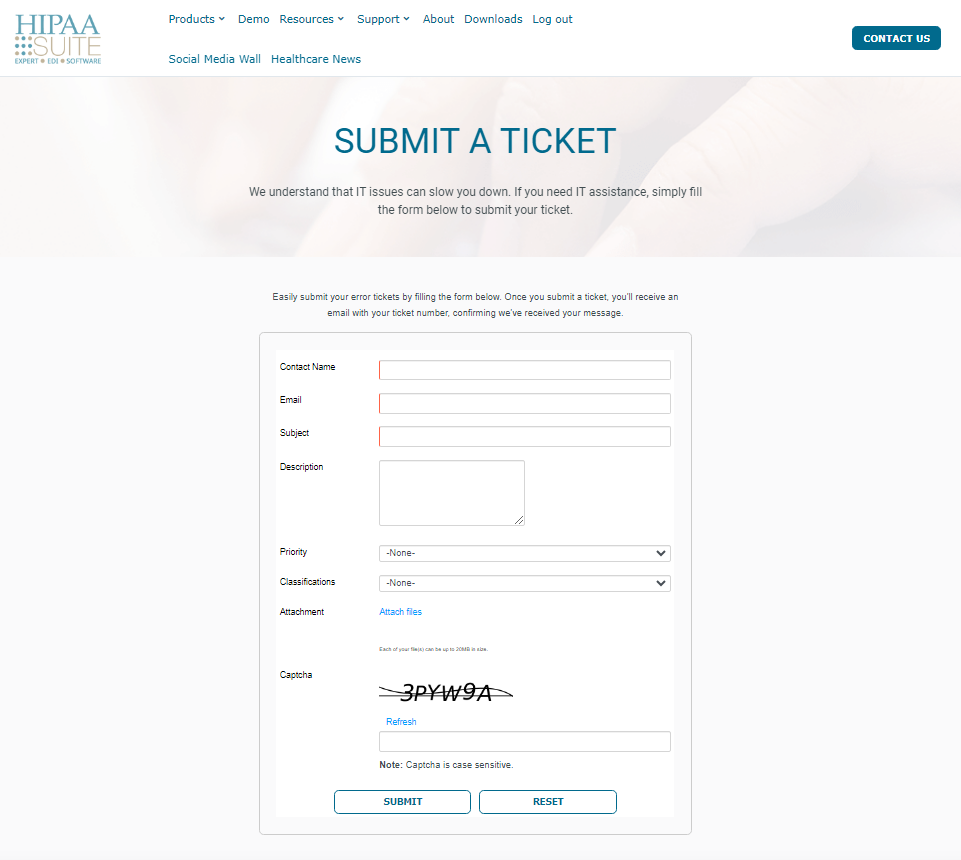 The "Submit a Ticket" page.