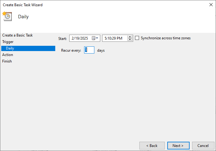 Determine a starting date, the time of day you want it to run, and how often you want this task to be completed.