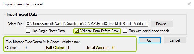 The import summary shows a failed claim from the validation process.