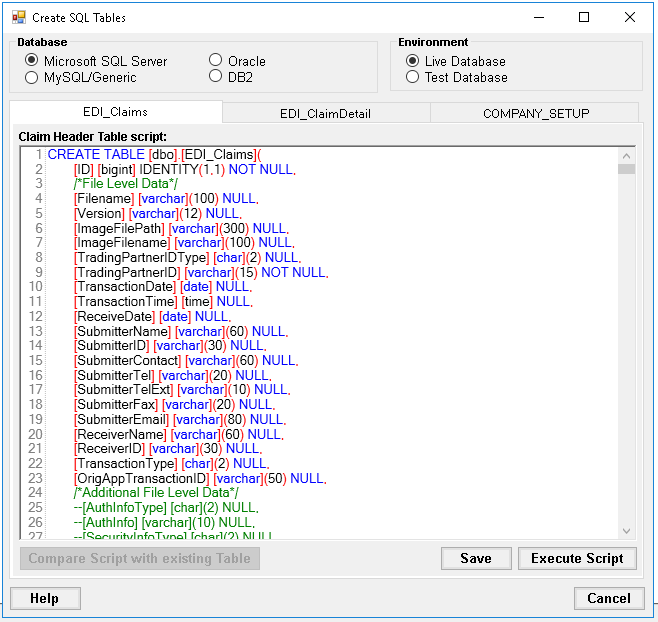 The "Create SQL Tables" window.