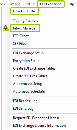 The "Check EDI File" option is under the "EDI Exchange" tab.