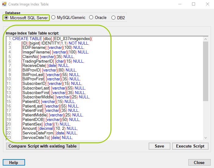 The "Create Image Index Table" window with the "Microsoft SQL Server" script displayed.