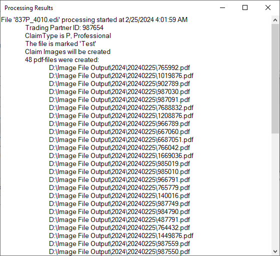 The "Processing Results" window.