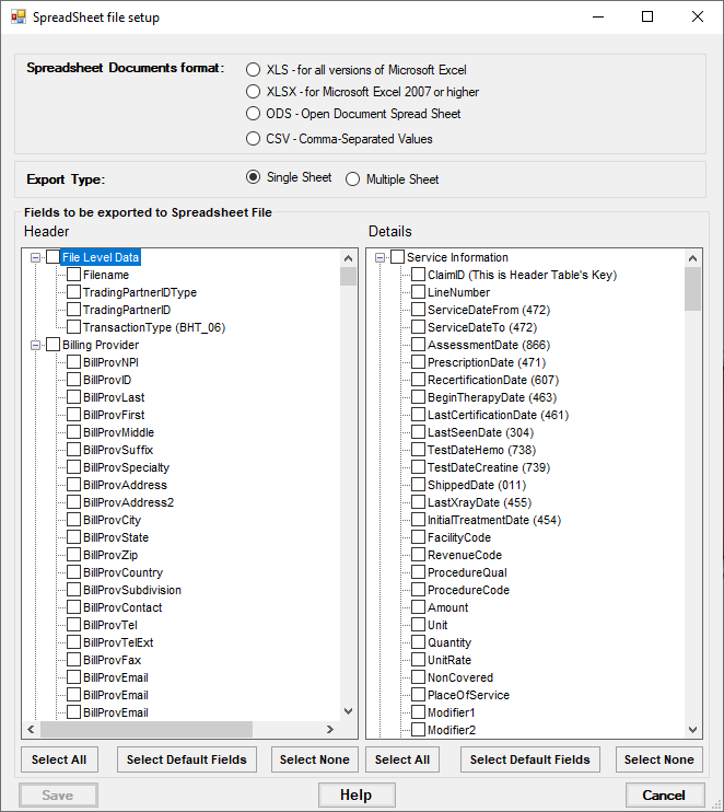 The "Spreadsheet File Setup" window.