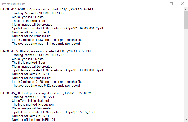 The "Processing Results" pop-up window.