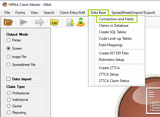 The "Connection and Fields" option is under the "Data Base" tab.