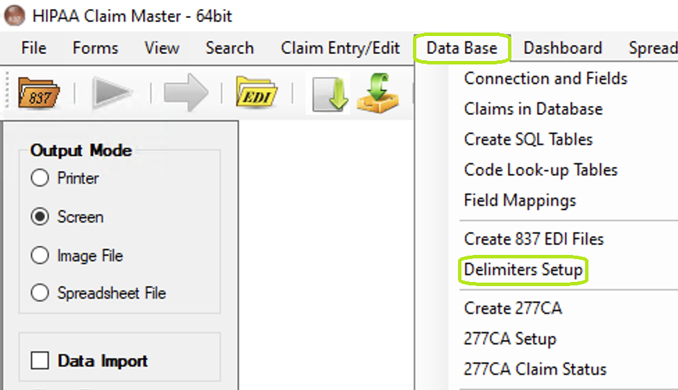 The "Data Base" menu and "Delimiters Setup" button.