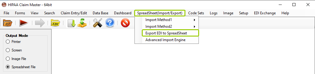The "Export EDI to Spreadsheet" option is under the "Spreadsheet (Import/Export)" tab.