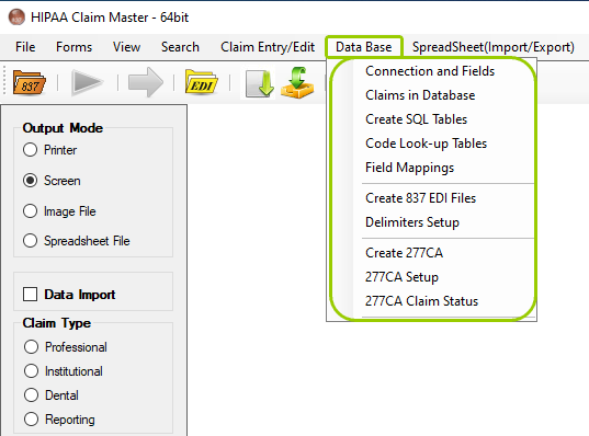 The "Data Base" tab and options in the main window.