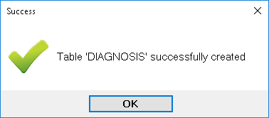 Pop-up window confirming table creation.